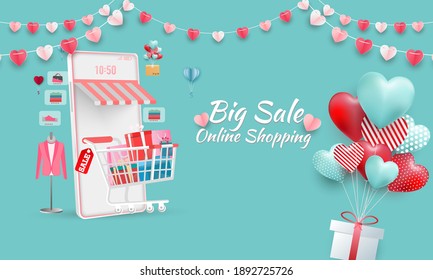 Happy valentines Day. Big Sale on mobile phone  online sale Pastel color with design for website banner or poster sale. Vector illustration.