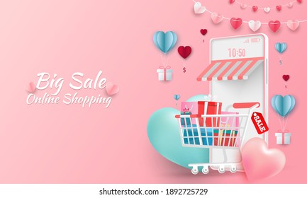 Happy valentines Day. Big Sale on mobile phone  online sale Pastel color with design for website banner or poster sale. Vector illustration.
