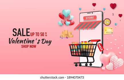 Happy valentines Day. Big Sale on mobile phone  online sale Pastel color with design for website banner or poster sale. Vector illustration.