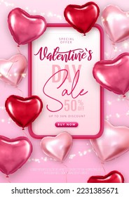 Happy Valentines Day big sale typography poster with pink  heart shaped balloons. Vector illustration