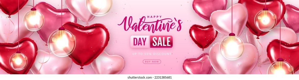 Happy Valentines Day big sale typography poster with pink  heart shaped balloons. Vector illustration