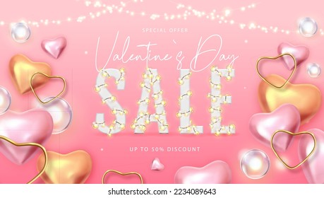 Happy Valentines Day big sale typography poster with 3D pink and gold hearts. Vector illustration