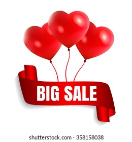Happy Valentine's Day big sale card with red realistic ribbon banner and balloons in form of heart isolated on a white background. Vector illustration EPS 10