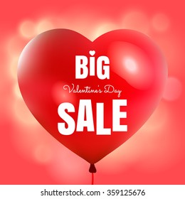 Happy Valentine's Day big sale card with red pink realistic banner balloons in form of heart isolated on pink blurred glowing background. Vector illustration EPS 10