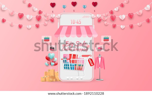 Happy valentines Day. Big Sale on mobile\
phone  online sale Pastel color with design for website banner or\
poster sale. Vector\
illustration.