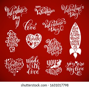 Happy Valentine's Day big set of calligraphic quotes. Templates for greeting cards, print design, stickers with handdrawn typography. Hand lettering isolated over red background. Vector Illustration.