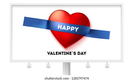 Happy Valentines day. Billboard with holiday greetings on sticky tape. Red heart taped to white background. Vector 3d illustration. Festive composition. Template for joyful events, flyer, invitation