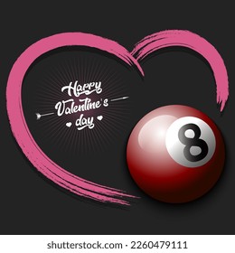 Happy Valentines Day. Billiard ball and heart. Design pattern on the billiard theme for greeting card, logo, emblem, banner, poster, flyer, badges. Vector illustration