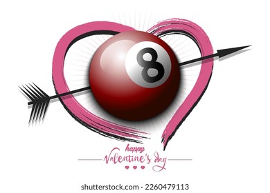 Happy Valentines Day. Billiard ball, arrow and heart. Design pattern on the billiard theme for greeting card, logo, emblem, banner, poster, flyer, badges. Vector illustration