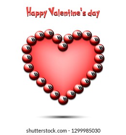 Happy Valentines Day. Billiard balls laid out in the shape of the heart on isolated background. Design pattern for greeting card, banner, poster, flyer,  invitation party. Vector illustration