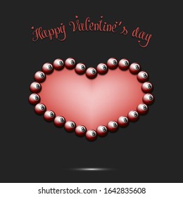 Happy Valentines Day. Billiard balls located in the form of a heart on an isolated background. Design pattern for greeting card, banner, poster, flyer,  invitation party. Vector illustration