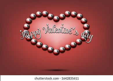 Happy Valentines Day. Billiard balls located in the form of a heart on an isolated background. Design pattern for greeting card, banner, poster, flyer,  invitation party. Vector illustration