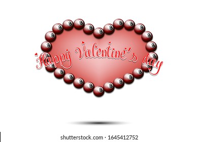 Happy Valentines Day. Billiard balls located in the form of a heart on an isolated background. Design pattern for greeting card, banner, poster, flyer,  invitation party. Vector illustration