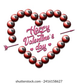 Happy Valentines Day. Billiard balls laid out in the shape of the heart. Design pattern for greeting card, banner, poster, flyer, invitation party. Vector illustration on isolated background