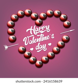 Happy Valentines Day. Billiard balls laid out in the shape of the heart. Design pattern for greeting card, banner, poster, flyer, invitation party. Vector illustration on isolated background