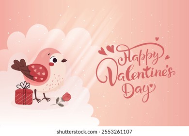 Happy valentines day. Bird on the background of pink sky, horizontal postcard.