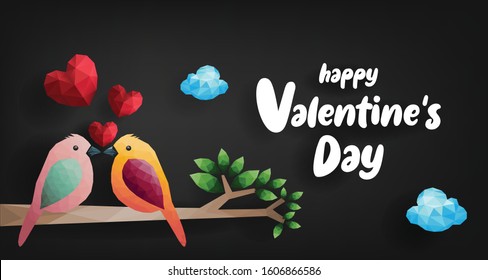 Happy Valentines day. Birds and hearts on branch from polygonal shapes, vector illustration.