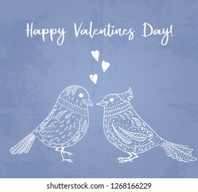 Happy Valentines Day Birds kissing. Valentines day hand drawn background. Vector illustration.