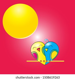 Happy Valentine's day with birds in love. Card for Valentine's Day. Wedding card. Love forever. Vector illustration with twin birds under moon.