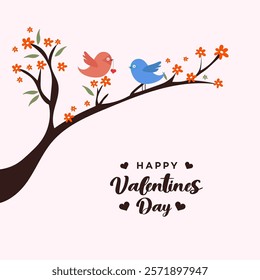 Happy Valentines Day Birds Love Flowers Branch Romantic Cute