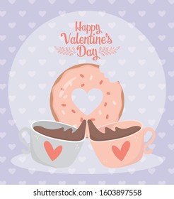 happy valentines day bite sweet donut and toast chocolate cups love vector illustration