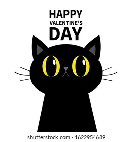 Happy Valentines Day. Black cat silhouette. Big yellow eyes. Moustaches. Cute cartoon character. Baby pet animal collection. Happy Halloween. Flat design. Orange background. Vector illustration