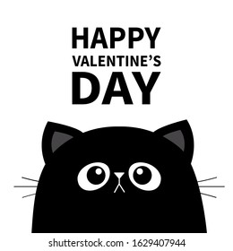 Happy Valentines Day. Black cat face head silhouette. Cute cartoon character. Kawaii animal. Baby card. Pet collection. Flat design style. White background. Isolated. Vector illustration