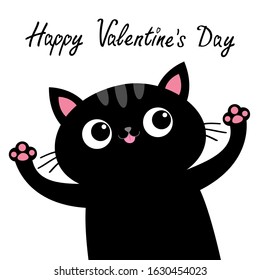 Happy Valentines Day. Black cat with pink tongue. Open hand paw print. Kitty reaching for a hug. Funny Kawaii animal. Cute cartoon baby character. Pet collection. Flat design White background. Vector