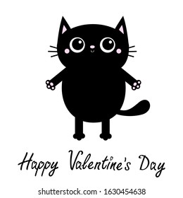 Happy Valentines Day. Black cat. Open hand pink paw print. Big eyes. Kitty reaching for a hug. Funny Kawaii animal. Baby card Cute cartoon character Pet collection. Flat design White background Vector