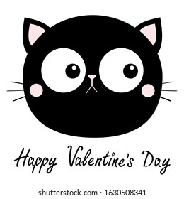 Happy Valentines Day. Black cat head face round icon with big eyes. Cute cartoon kawaii funny character. Pet baby print collection. Flat design. White background. Isolated. Vector illustration