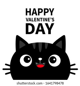 Happy Valentines Day. Black cat face head silhouette. Fang tooth. Cute cartoon character. Kawaii animal. Baby card. Pet collection. Flat design style. White background. Isolated. Vector illustration