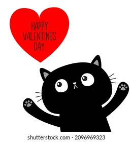 Feliz Día de San Valentín. Gato negro mirando hacia el gran corazón rojo. Corazón. Personaje de dibujos animados. Animal Kawaii. Tarjeta de saludo de amor. Diseño plano. Fondo blanco. Aislado. Ilustración del vector