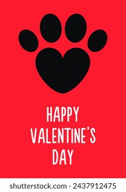 Happy Valentines Day. Black cat paw print leg foot sign symbol. Heart shape pawprint. Cute cartoon character body part silhouette. Baby pet collection. Love sign. Flat design. Red background. Vector