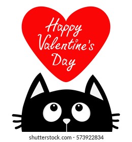 Happy Valentines Day. Black cat looking up to big red heart. Cute cartoon character. Kawaii animal. Love Greeting card. Flat design style. White background. Isolated. Vector illustration