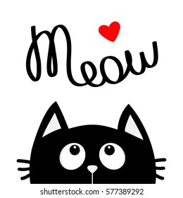 Happy Valentines Day. Black cat looking up to red heart. Meow lettering text. Cute cartoon character. Kawaii animal. Love Greeting card. Flat design style White background Isolated Vector illustration