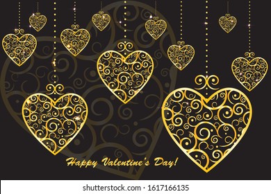 Happy Valentine's Day black and gold greeting card vector illustration