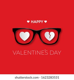 Happy Valentines Day. Black hipster glasses with a whole and broken heart. Vector illustration.
