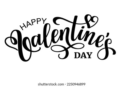 Happy Valentines Day black lettering design. Valentine calligraphy and heart in line on white background. Vector illustration.