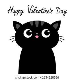 Happy Valentines Day. Black sad cat head face with big eyes. Pink tongue. Cute cartoon kawaii funny character. Pet baby print collection. Flat design. White background. Isolated. Vector