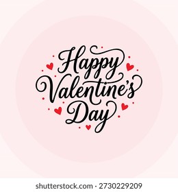 Feliz Dia dos Namorados preto script lettering em forma de círculo com corações vermelhos no fundo rosa pastel mínimo