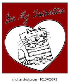 Happy Valentines day. Black stripe cat sleep on big heart. Red heart Hug, embrace, cuddle. Greeting card. Cute funny cartoon character. Kitty Whisker Baby pet White background. Isolated. Flat