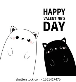 Happy Valentines Day. Black and white cat head face line contour silhouette set. Pink blush cheeks. Funny kawaii smiling animal. Cute cartoon funny pet character. Flat design Baby background. Vector