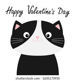 Happy Valentines Day. Black and white cat head face body. Funny Kawaii smiling baby animal. Cute cartoon funny character. Pet collection. Flat design. Kids background. Isolated. Vector