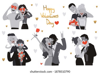 Alles Gute zum Valentinstag! Schwarz-Weiß-Retro-Kollektion von verliebten Paaren am 14. Februar, Küssen, Geschenken und Bouquets, Lachen und Umarmung. Einzeln auf weißem Hintergrund, Vektorgrafik, Cartoon.