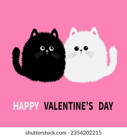 Happy Valentines day. Black white fluffy cat set. Face head body, plush tail. Fat kitten. Cute cartoon character. Kawaii baby pet animal. Greeting card. Flat design Pink background Vector illustration