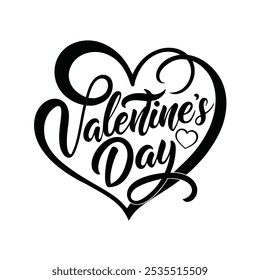 Happy Valentine's Day Black and White Calligraphy Art Vector for Printable Designs