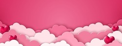 Happy Valentine's Day Blank Background, Beautiful Paper Cut Clouds With 3d Red Hearts On Pink Background. Vector Illustration. Papercut Style. Place For Text