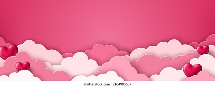 Happy Valentine's day blank background, beautiful paper cut clouds with 3d red hearts on pink background. Vector illustration. Papercut style. Place for text