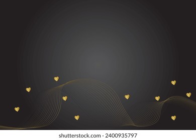 Feliz Día de San Valentín en segundo plano con corazones dorados y líneas de arte sobre fondo negro. Ilustración vectorial.