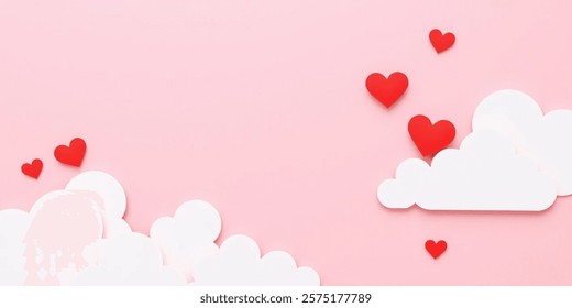 Happy Valentine's day blank background, beautiful paper cut clouds with 3d red hearts on pink background. Vector illustration with pink background